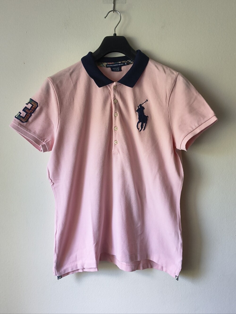 Ralph Lauren Sport Womenβs XL Pink Polo Shirt Navy Collar Pony #3 Preppy Y2K
